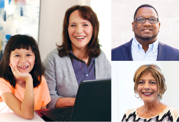 A collage featuring four individuals, including a woman and a child, showcasing diverse expressions and interactions.